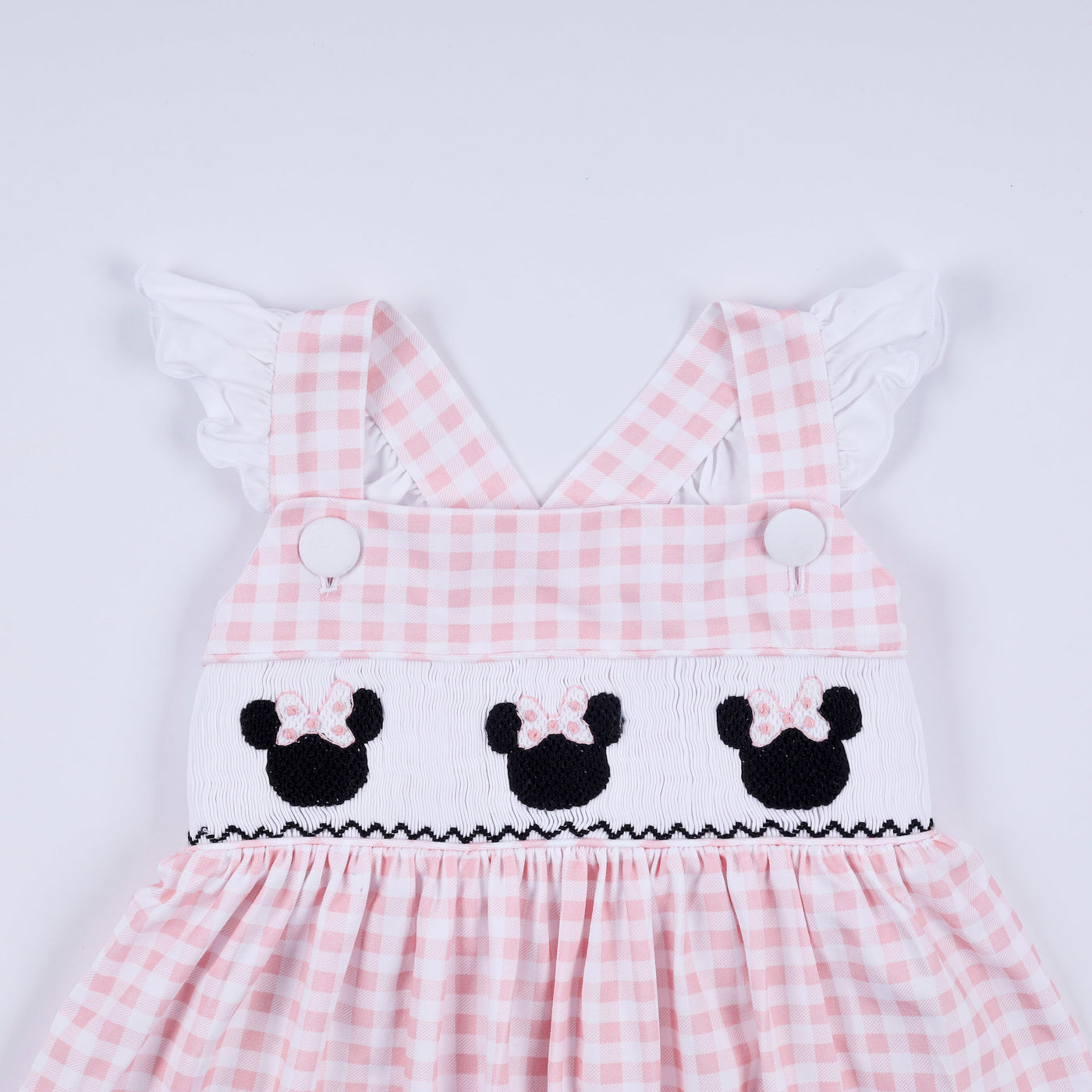 Pink character hand smocked gingham ruffle dress