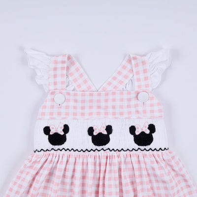 Pink character hand smocked gingham ruffle dress