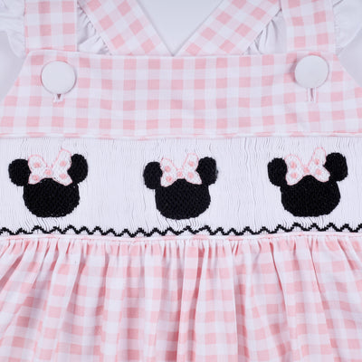 Pink character hand smocked gingham ruffle dress