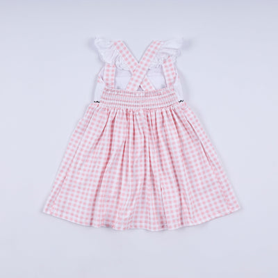 Pink character hand smocked gingham ruffle dress