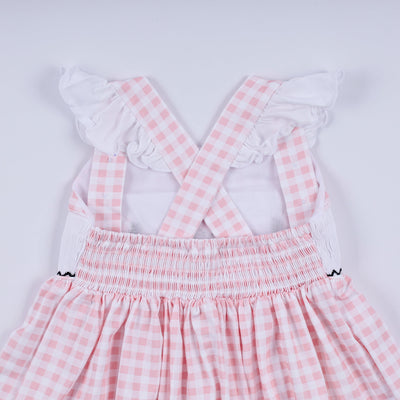 Pink character hand smocked gingham ruffle dress