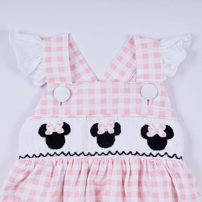 Pink character hand smocked gingham ruffle bubble