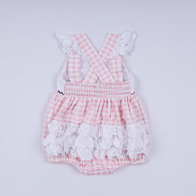 Pink character hand smocked gingham ruffle bubble