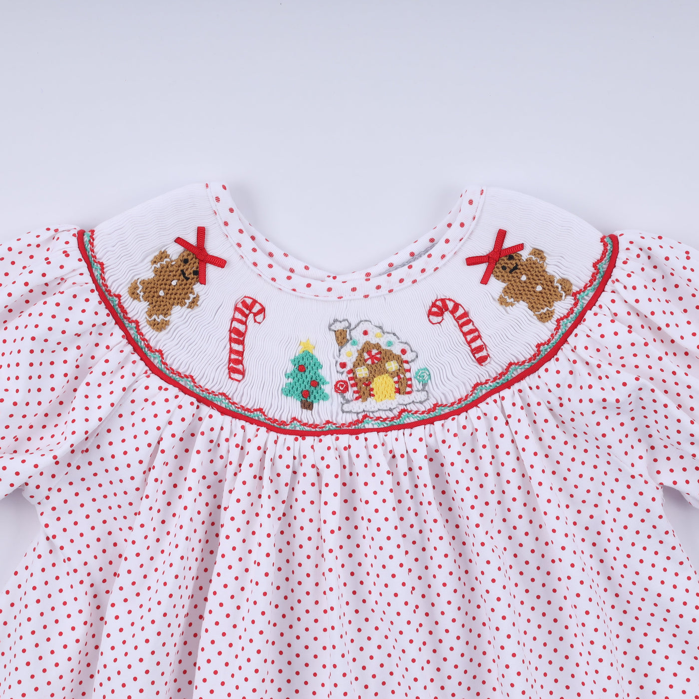 Red gingerbread hand smocked ruffle pants set