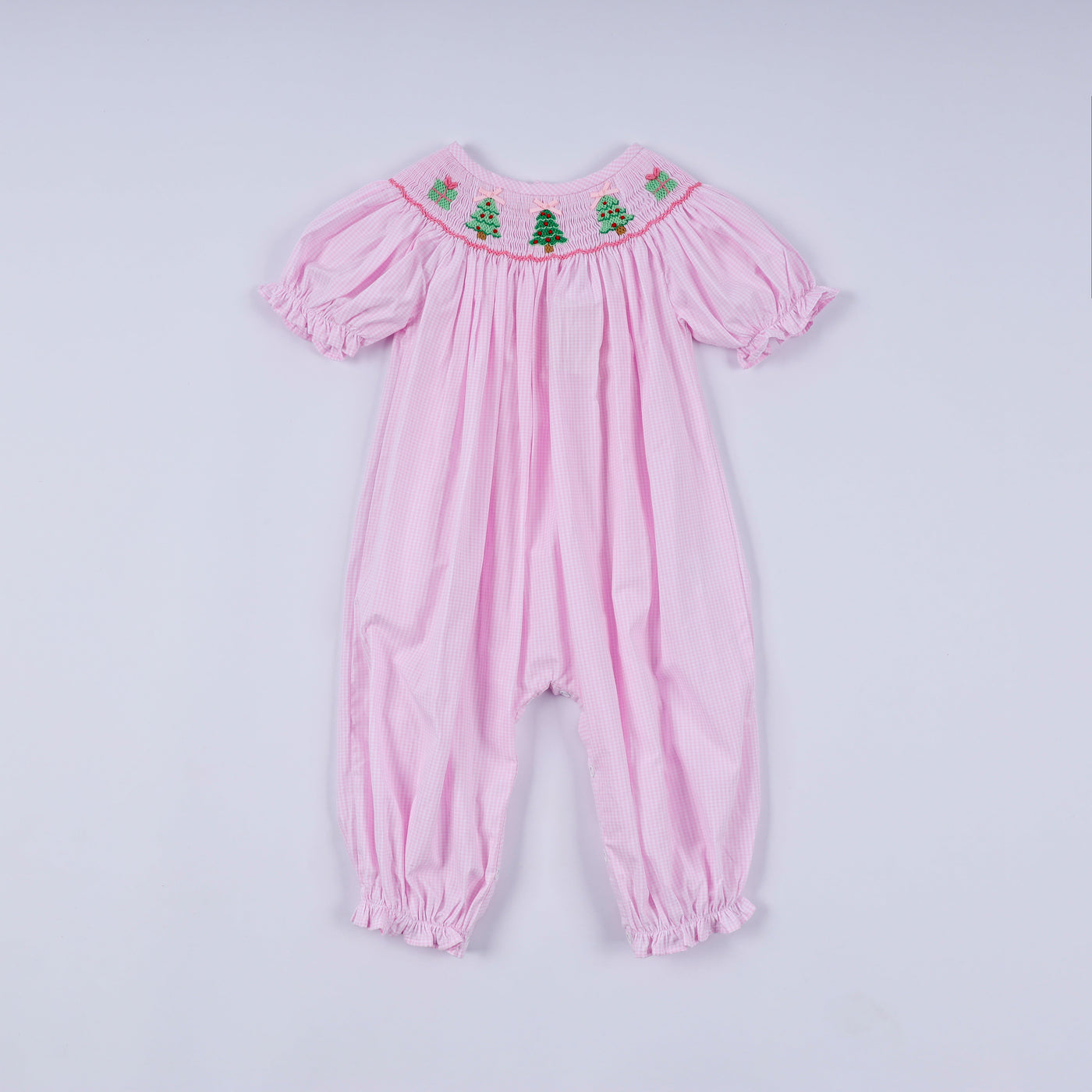 Pink christmas tree hand smocked ruffle romper