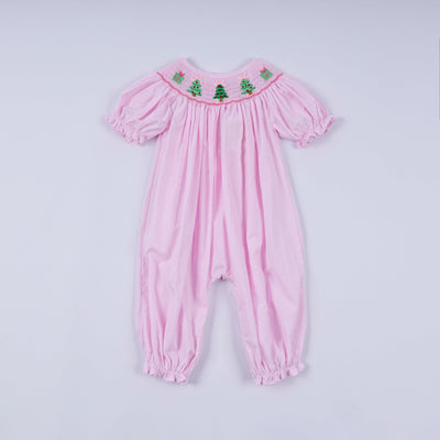 Pink christmas tree hand smocked ruffle romper