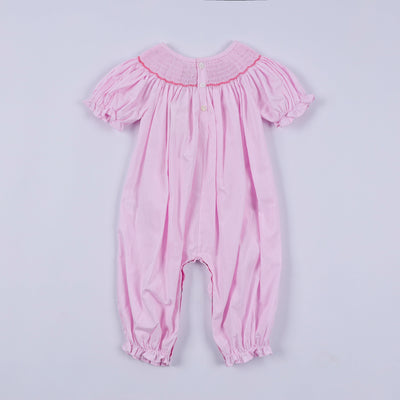 Pink christmas tree hand smocked ruffle romper
