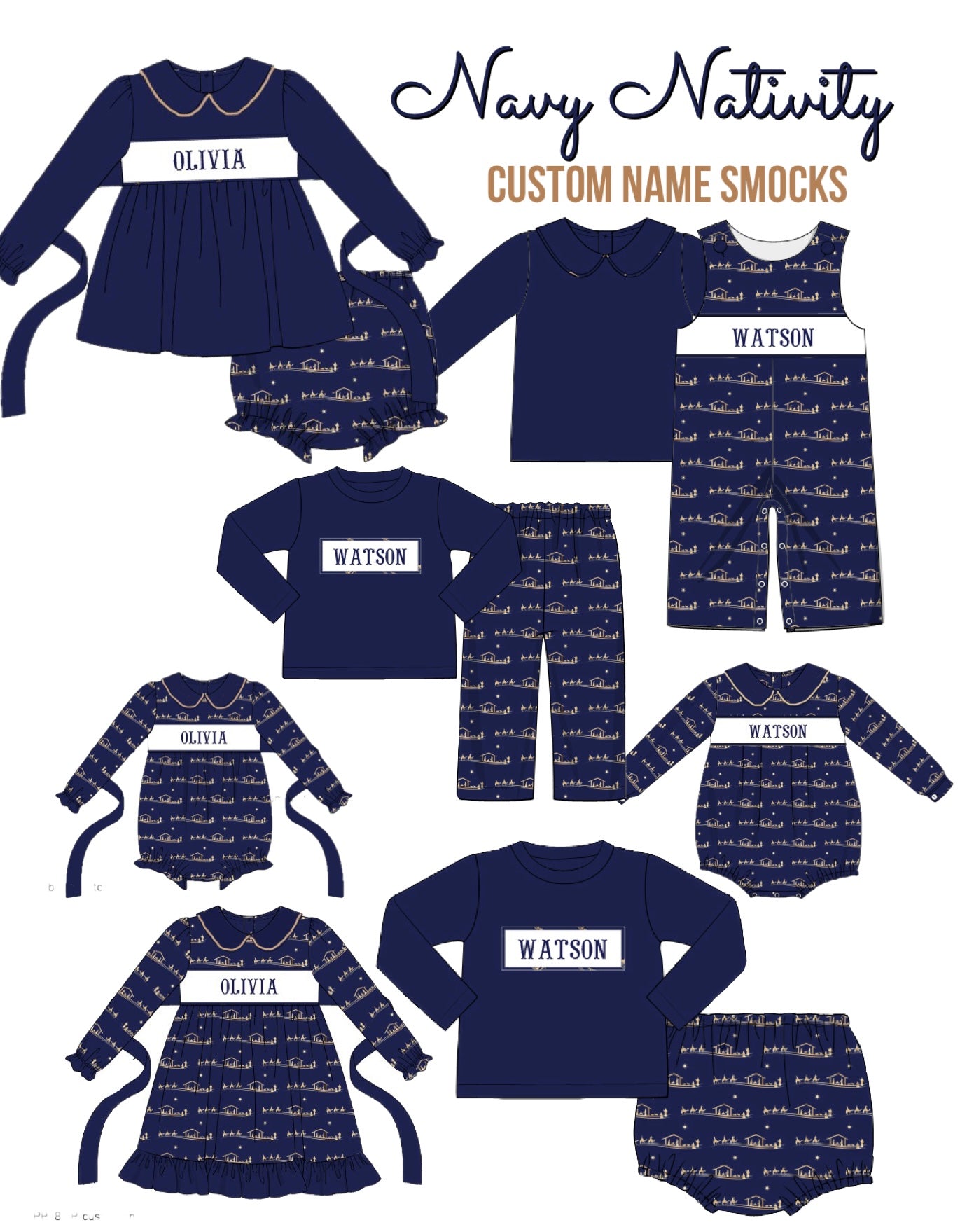 Navy Nativity - Custom Name Smock- Preorder ETA September