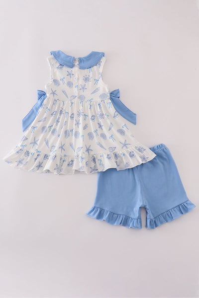 Blue seashell bow ruffle shorts set
