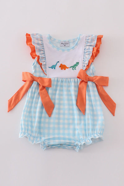 Blue dinosaur embroidery ruffle gingham bubble