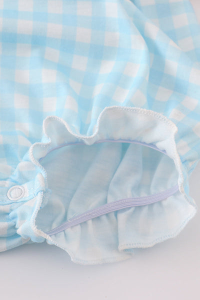 Blue dinosaur embroidery ruffle gingham bubble