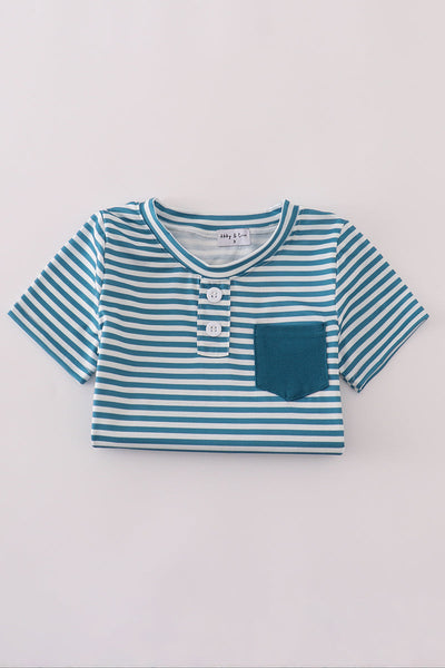 Teal stripe pocket shorts set