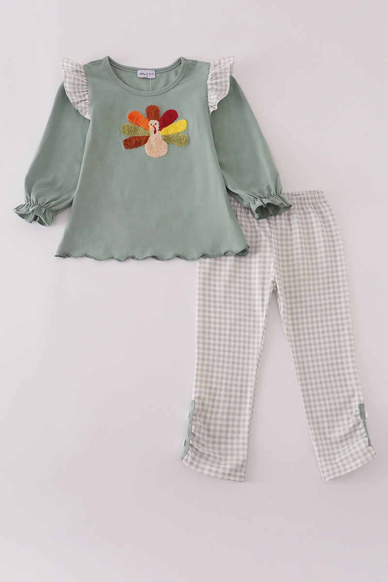 Sage turkey french knot ruffle pants set