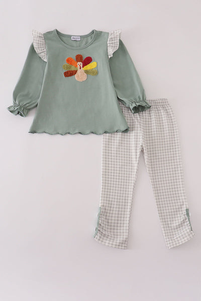 Sage turkey french knot ruffle pants set