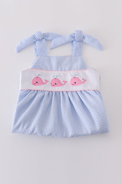 Blue seersucker whale embroidery dress