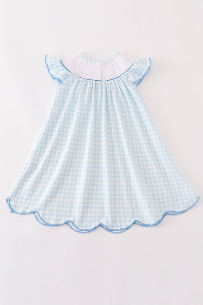 Blue cow embroidery smocked girl dress