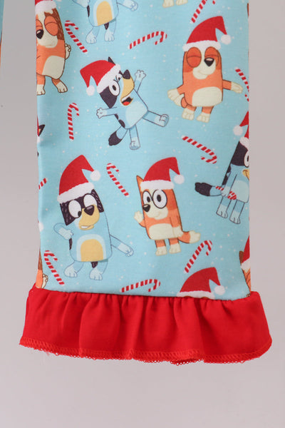 Blue christmas character print pajamas ruffle pants set