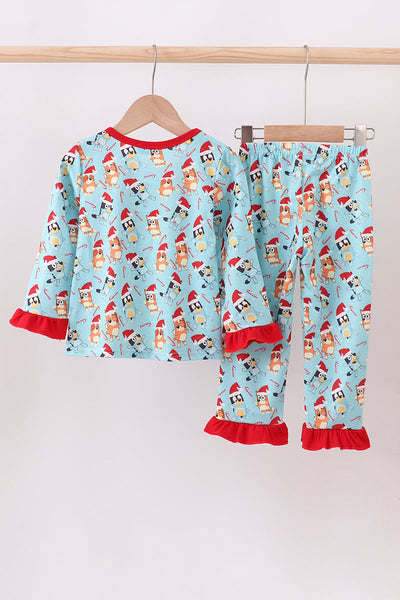 Blue christmas character print pajamas ruffle pants set