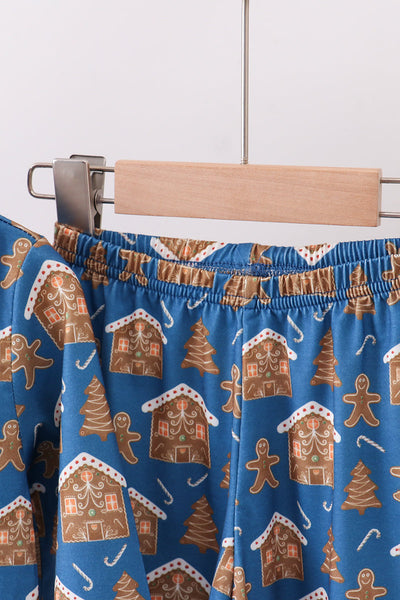 Navy gingerbread print ruffle pajamas set
