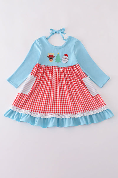 Blue deer tree santa embroidery ruffle dress
