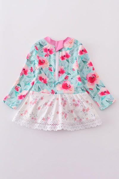 Blushing rose garden print girl one-piece leotard