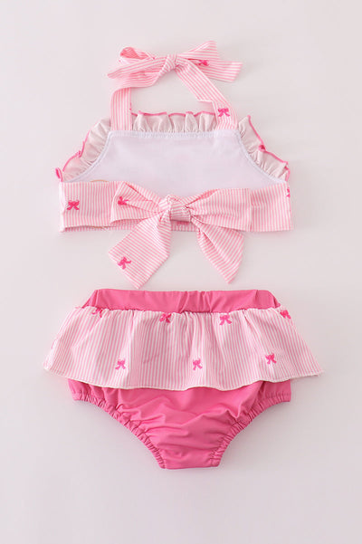 Pink stripe bow embroidery 2pc swimsuit