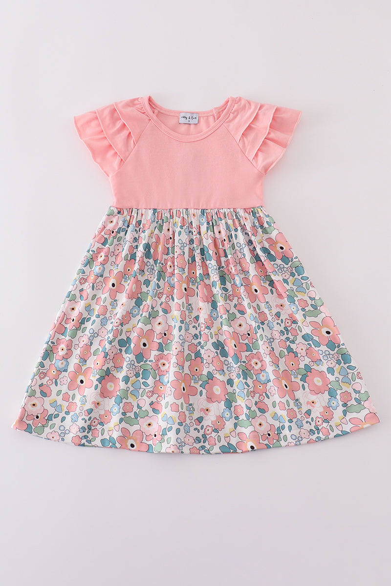 Pink summer floral print ruffle dress