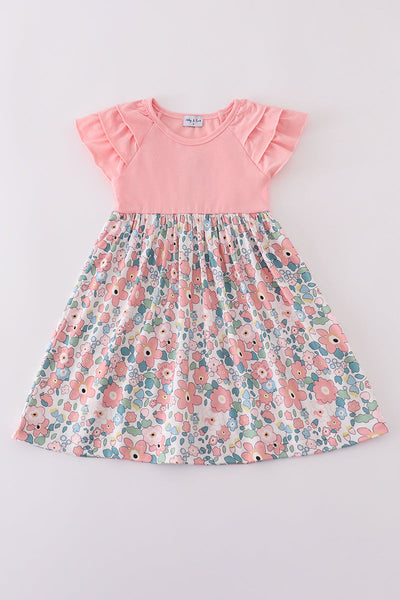 Pink summer floral print ruffle dress