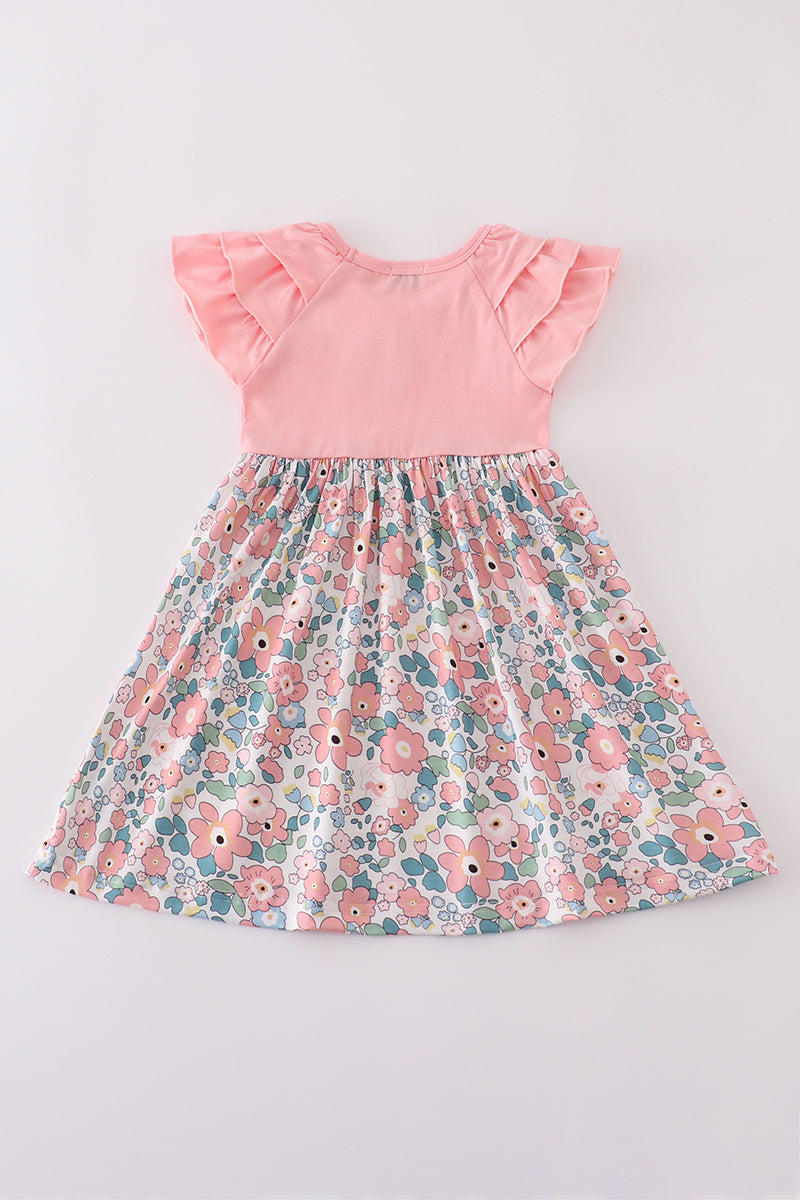 Pink summer floral print ruffle dress