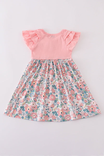 Pink summer floral print ruffle dress