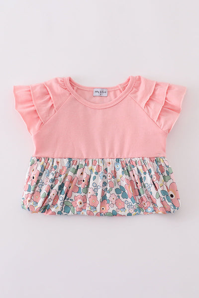 Pink summer floral print ruffle dress