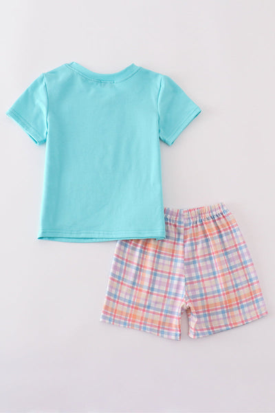 Blue plaid fish embroidery set