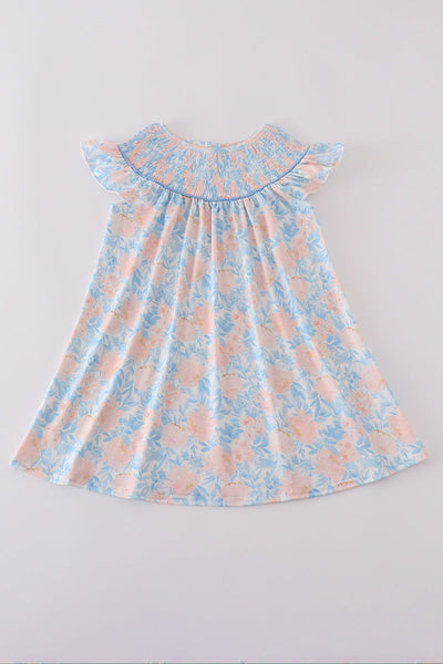 Blue bloom elegance smocked ruffle dress