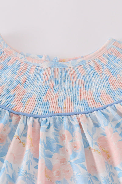 Blue bloom elegance smocked ruffle dress