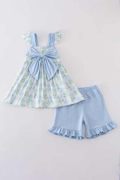 Blue hydrangea print bow ruffle shorts set