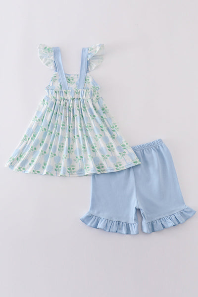 Blue hydrangea print bow ruffle shorts set