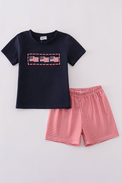 Navy flag embroidery shorts set