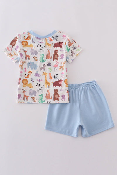 Blue zoo animals print shorts set