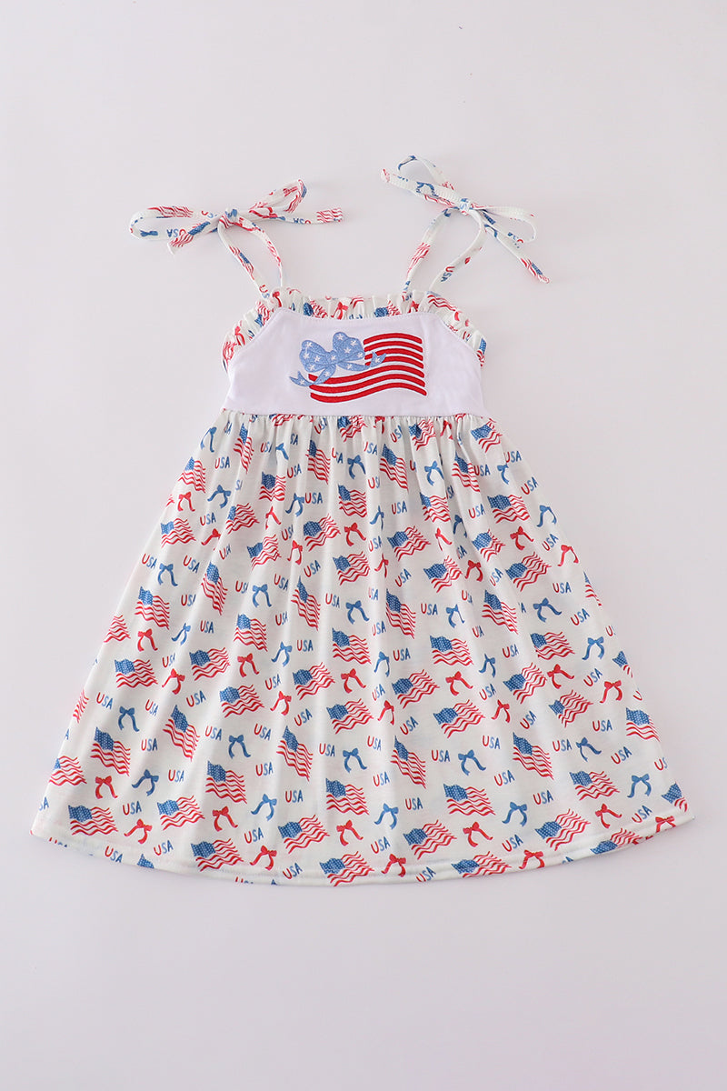 Pink flag embroidery print ruffle dress