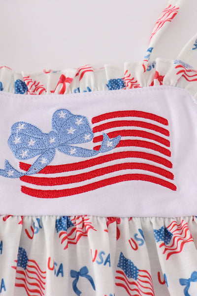 Pink flag embroidery print ruffle dress