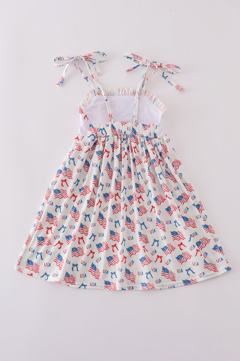 Pink flag embroidery print ruffle dress
