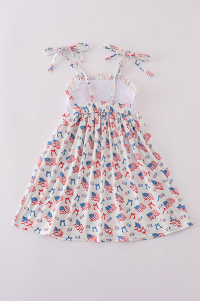 Pink flag embroidery print ruffle dress