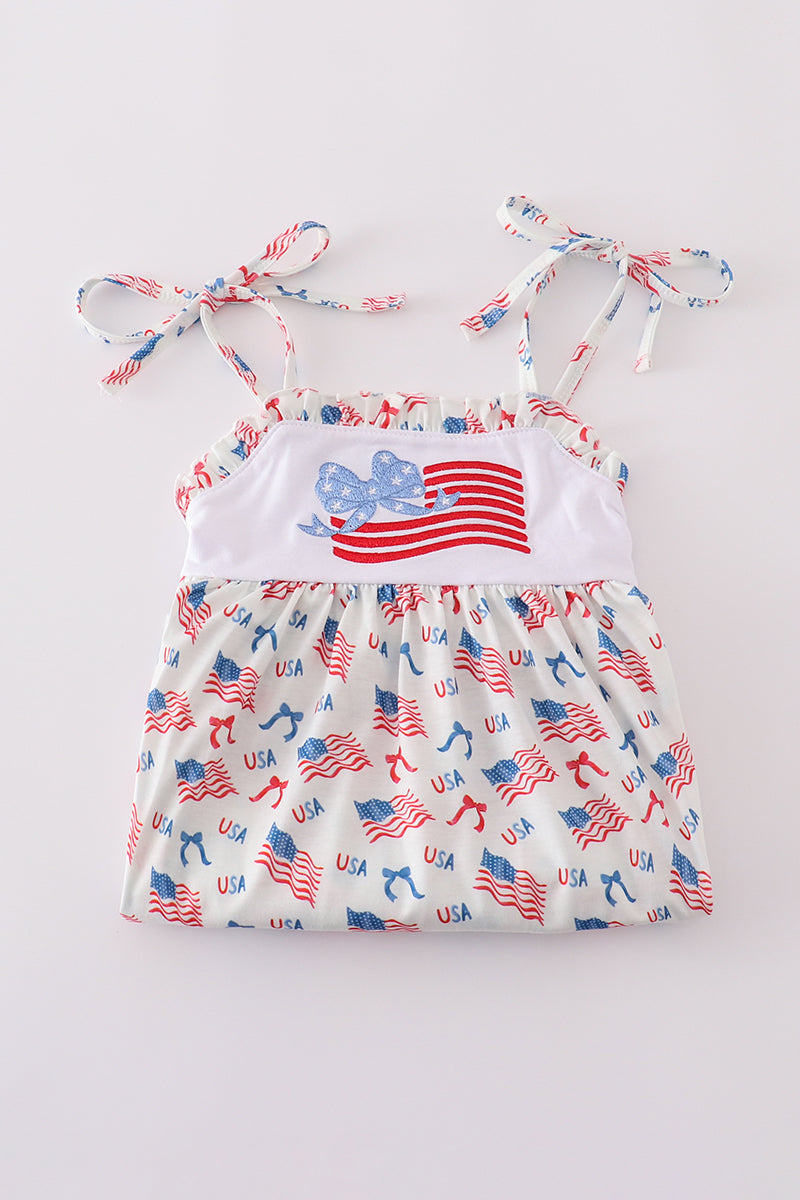 Pink flag embroidery print ruffle dress