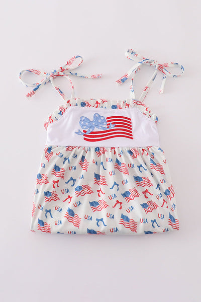 Pink flag embroidery print ruffle dress