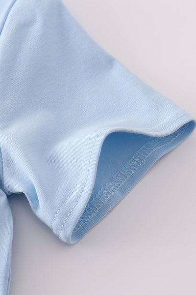 Blue highland cow applique shorts set