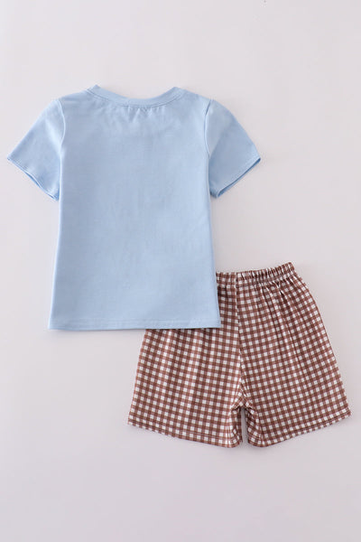 Blue highland cow applique shorts set