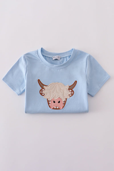 Blue highland cow applique shorts set