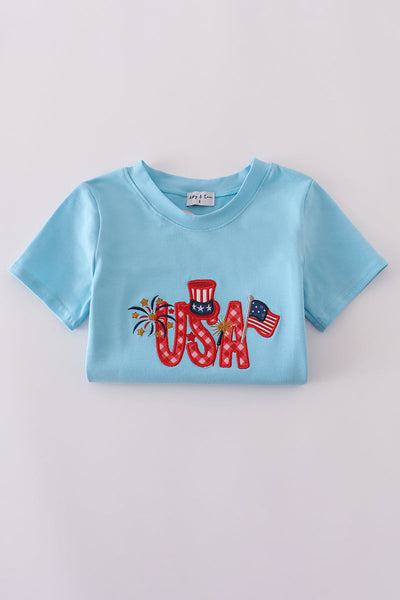 Blue USA flag embroidery shorts set