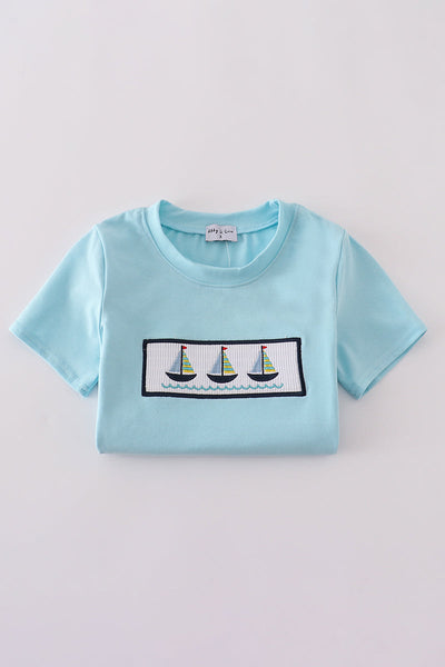 Blue sailboats embroidery smocked shorts set