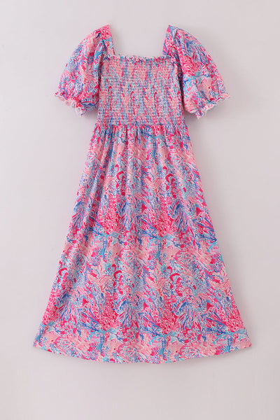 Pink coral reef smocked ruffle dress